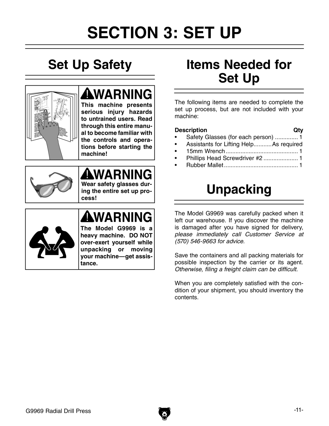 Grizzly G9969 owner manual Set Up Safety, Items Needed for Set Up, Unpacking, Description Qty 