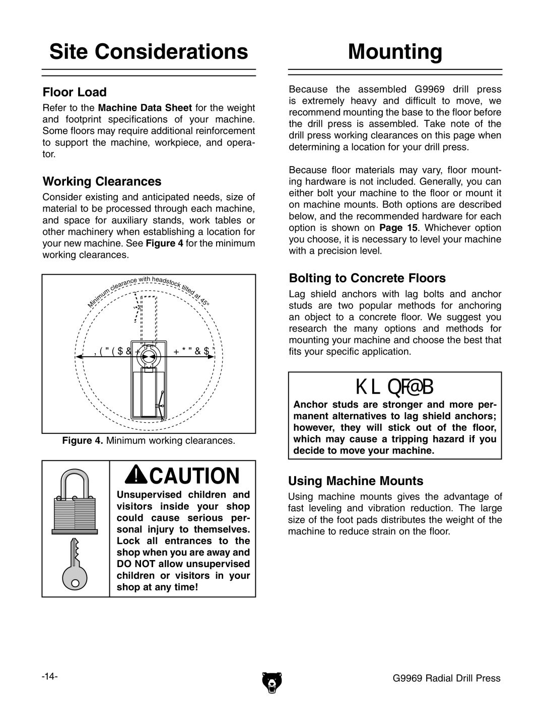 Grizzly G9969 owner manual Site Considerations, Mounting 