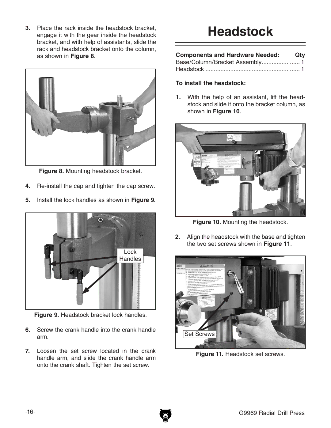 Grizzly G9969 owner manual Headstock, To install the headstock 