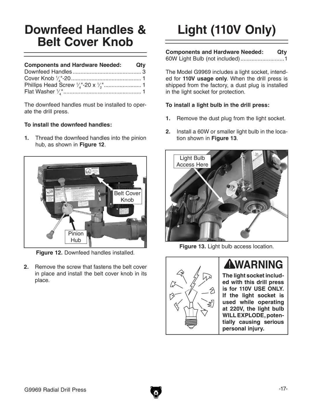 Grizzly G9969 owner manual Downfeed Handles Belt Cover Knob, To install the downfeed handles 