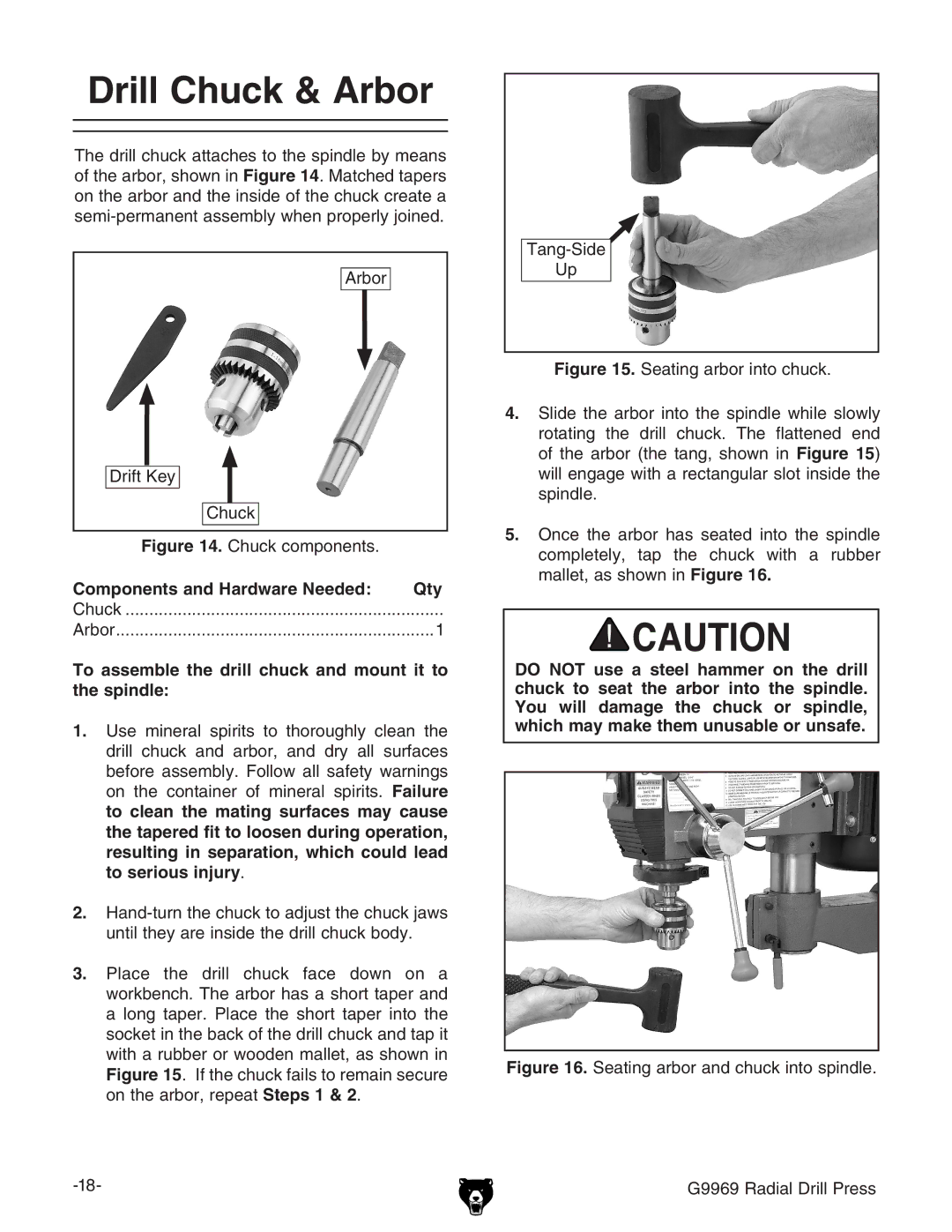 Grizzly G9969 owner manual Drill Chuck & Arbor, To assemble the drill chuck and mount it to the spindle 