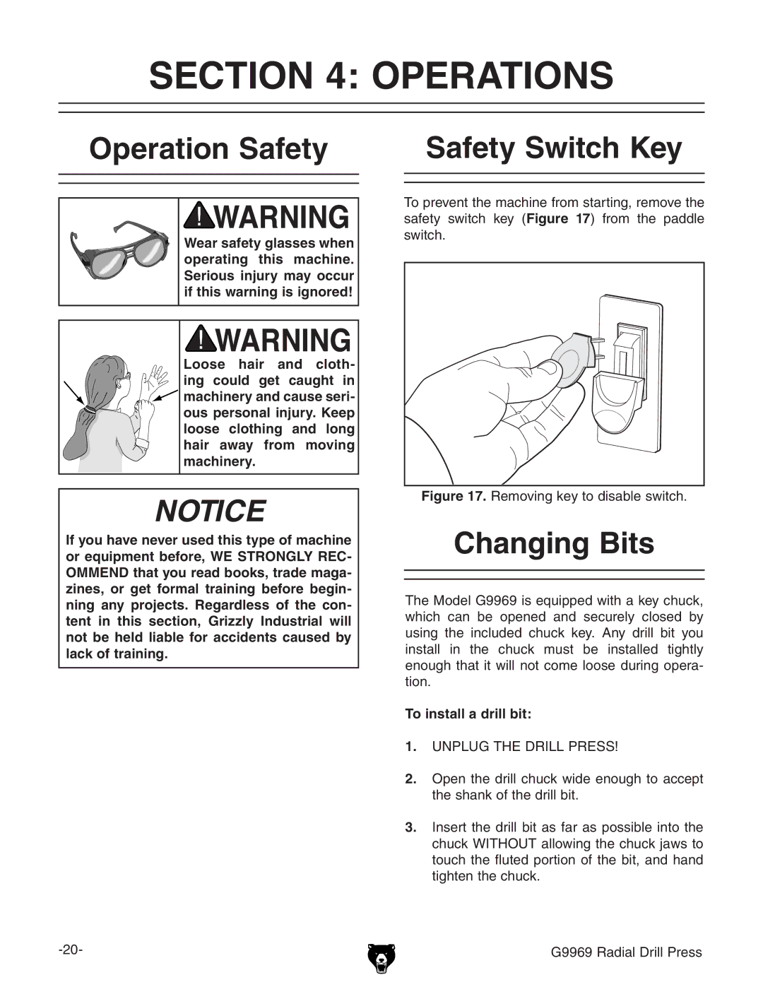 Grizzly G9969 owner manual Operations, Operation Safety Safety Switch Key, Changing Bits, To install a drill bit 