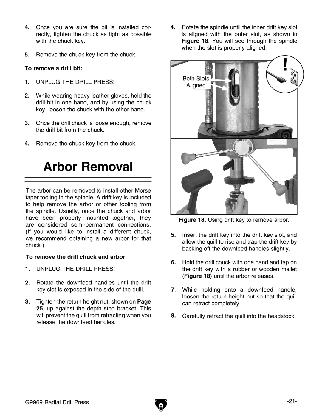 Grizzly G9969 owner manual Arbor Removal, To remove a drill bit, To remove the drill chuck and arbor 