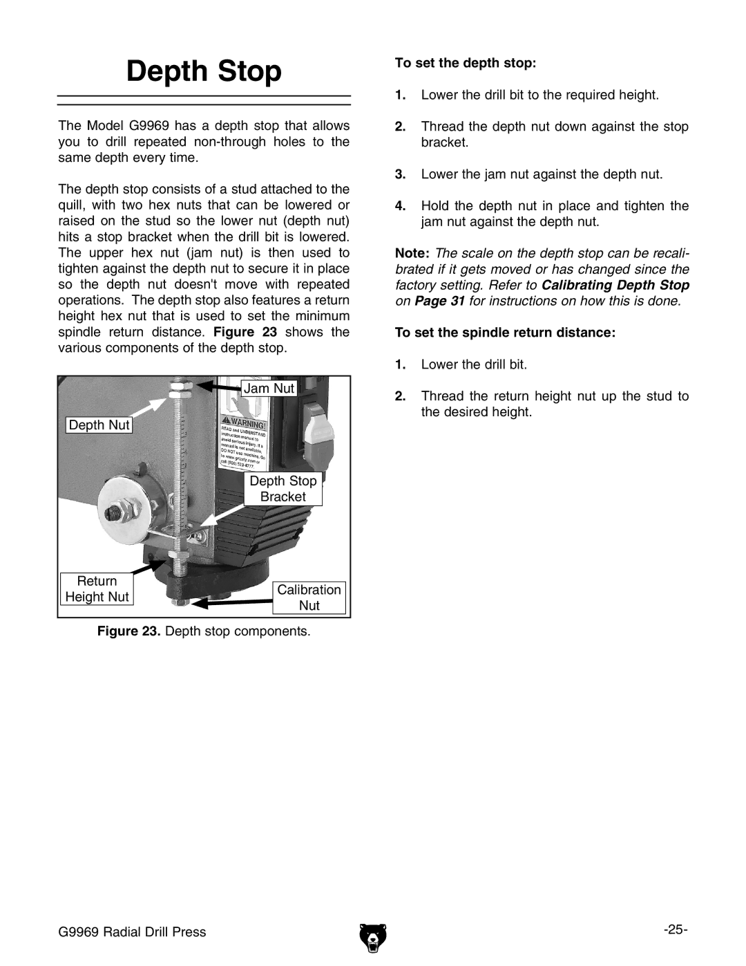 Grizzly G9969 owner manual Depth Stop, To set the depth stop, To set the spindle return distance 