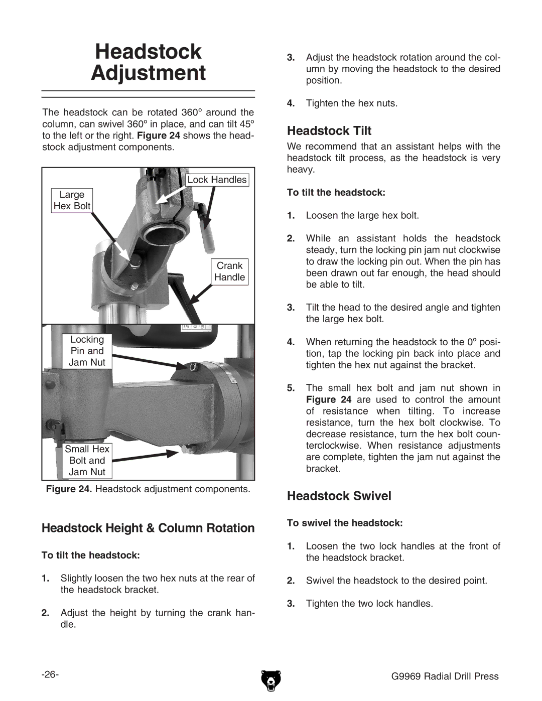 Grizzly G9969 owner manual Headstock Adjustment, Headstock Height & Column Rotation, Headstock Tilt, Headstock Swivel 