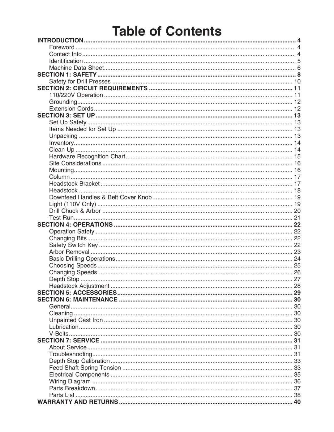 Grizzly G9969 owner manual Table of Contents 