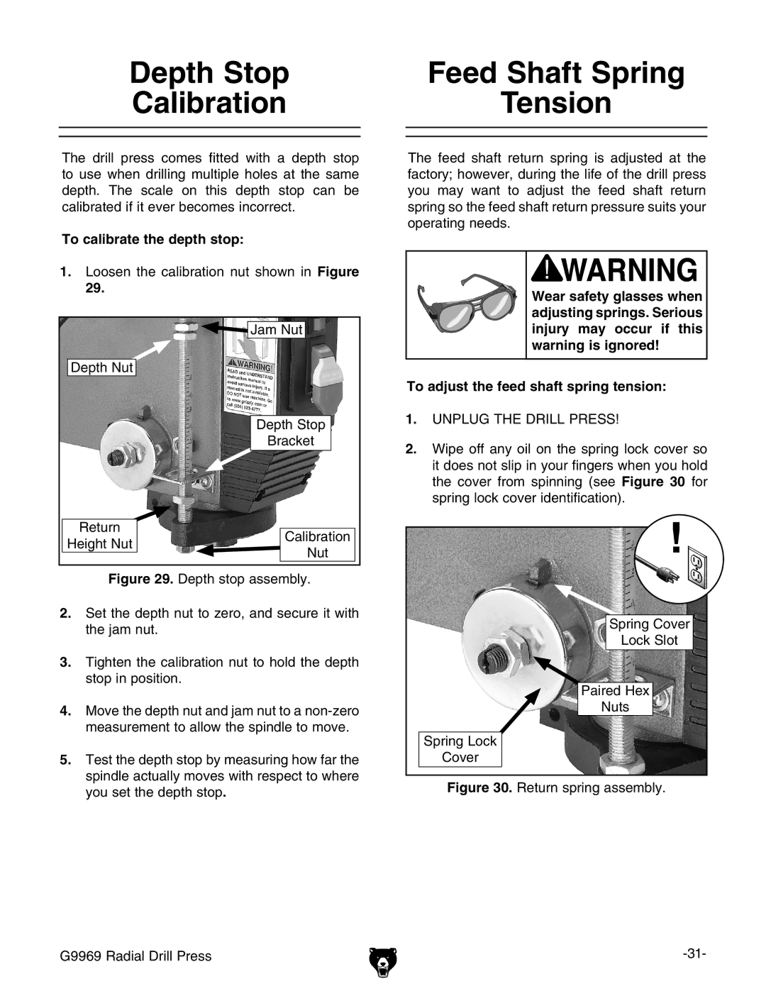 Grizzly G9969 owner manual Depth Stop Feed Shaft Spring Calibration, To calibrate the depth stop 