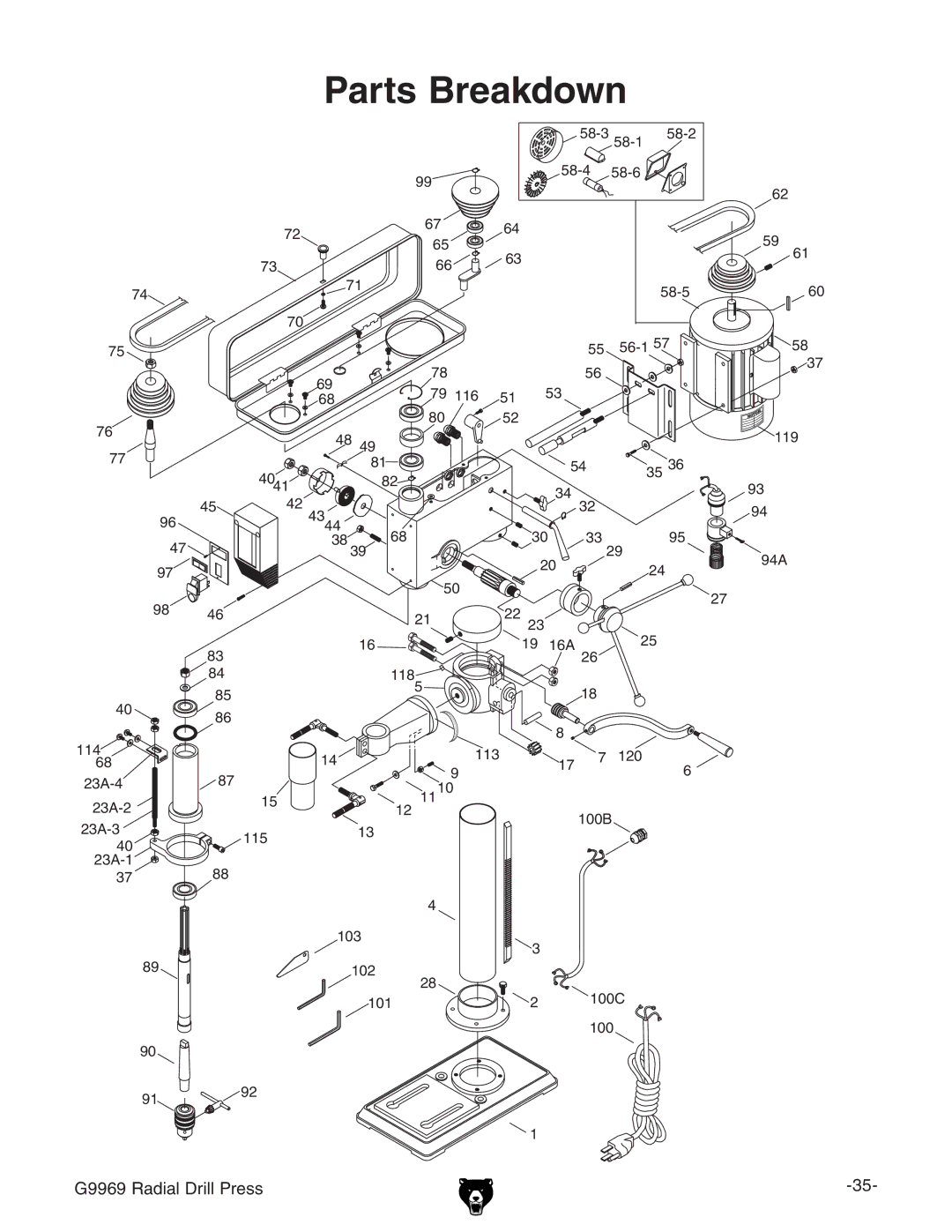 Grizzly G9969 owner manual Parts Breakdown 