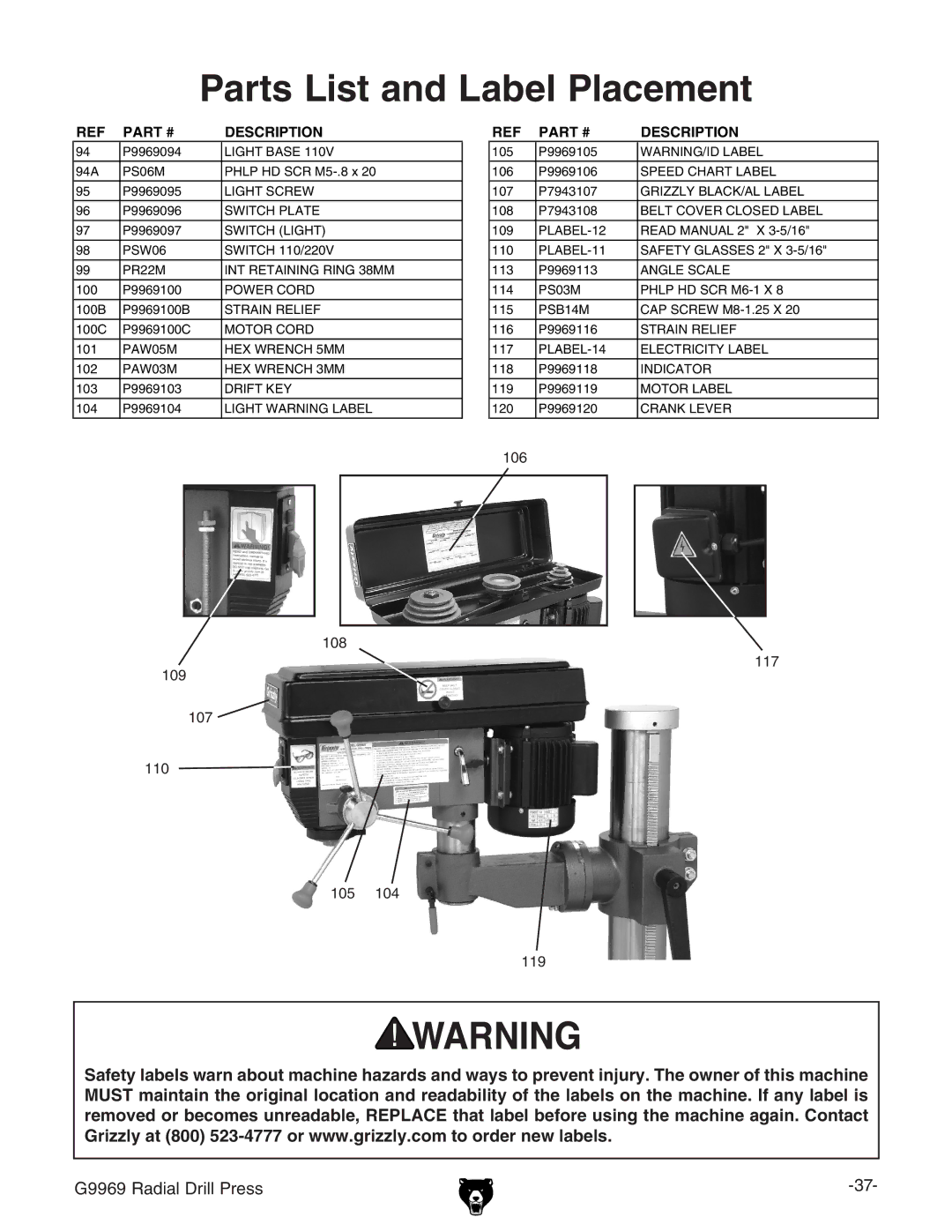 Grizzly G9969 owner manual Parts List and Label Placement 