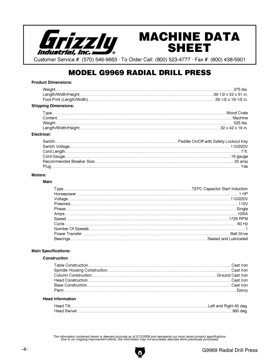 Grizzly G9969 owner manual Machine Data Sheet 