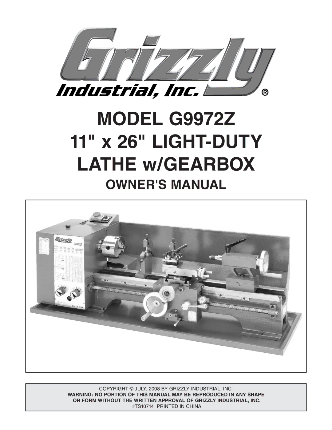 Grizzly owner manual Model G9972Z 