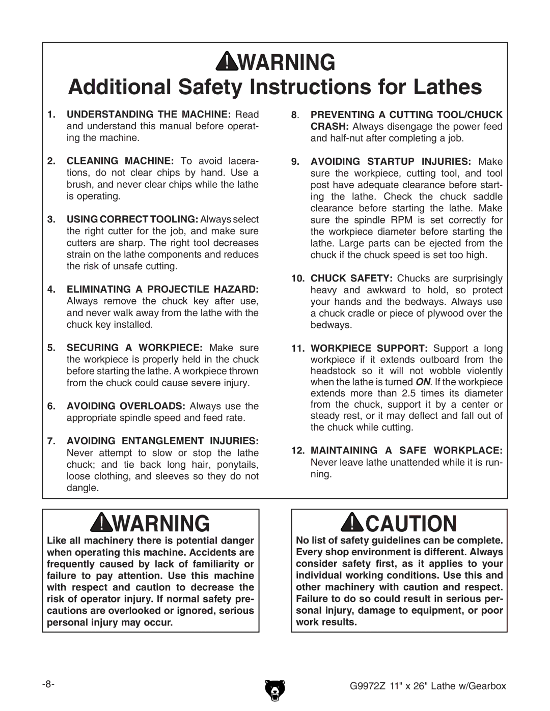 Grizzly G9972Z owner manual Additional Safety Instructions for Lathes, Eliminating a Projectile Hazard 