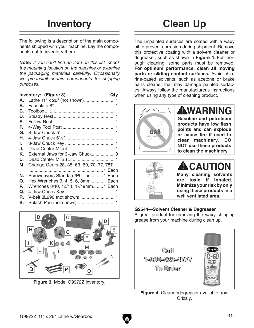 Grizzly G9972Z owner manual Inventory Clean Up, Inventory Figure Qty, 8Vc\ZZVgh-!*!+!+.!,%!,,!,-I 