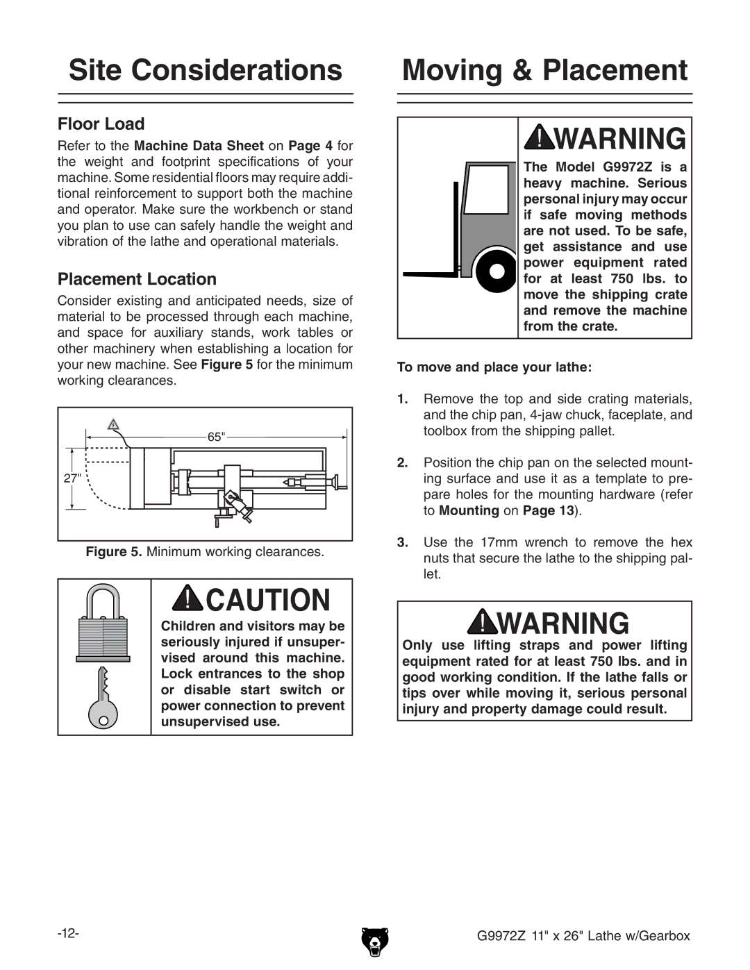 Grizzly G9972Z owner manual Site Considerations, Moving & Placement, Floor Load, Placement Location 