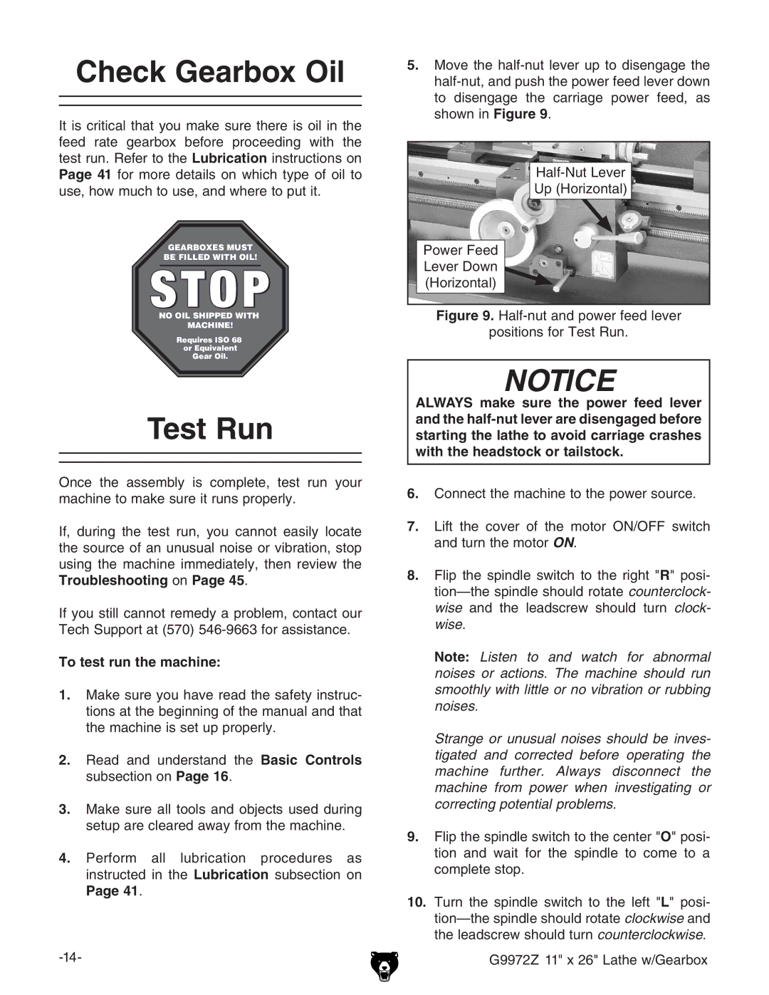 Grizzly G9972Z owner manual Check Gearbox Oil, Test Run, To test run the machine, EdlZgZZY AZkZg9dlc =dgodciVa 
