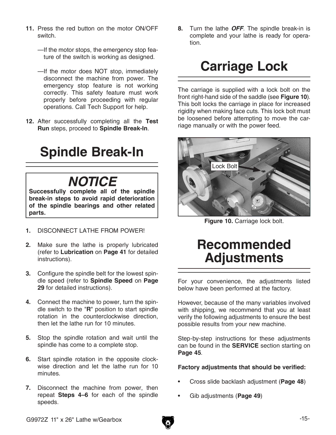 Grizzly G9972Z Carriage Lock, Spindle Break-In, Recommended Adjustments, Factory adjustments that should be verified 