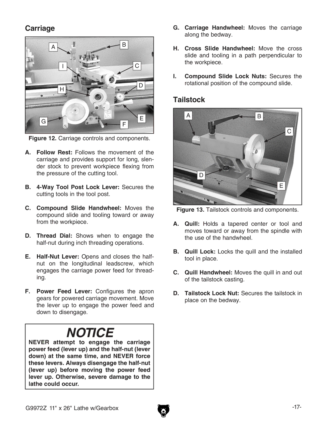 Grizzly G9972Z owner manual Carriage, Tailstock, Way Tool Post Lock Lever HZXjgZh iZ, Compound Slide Handwheel BdkZh iZ 