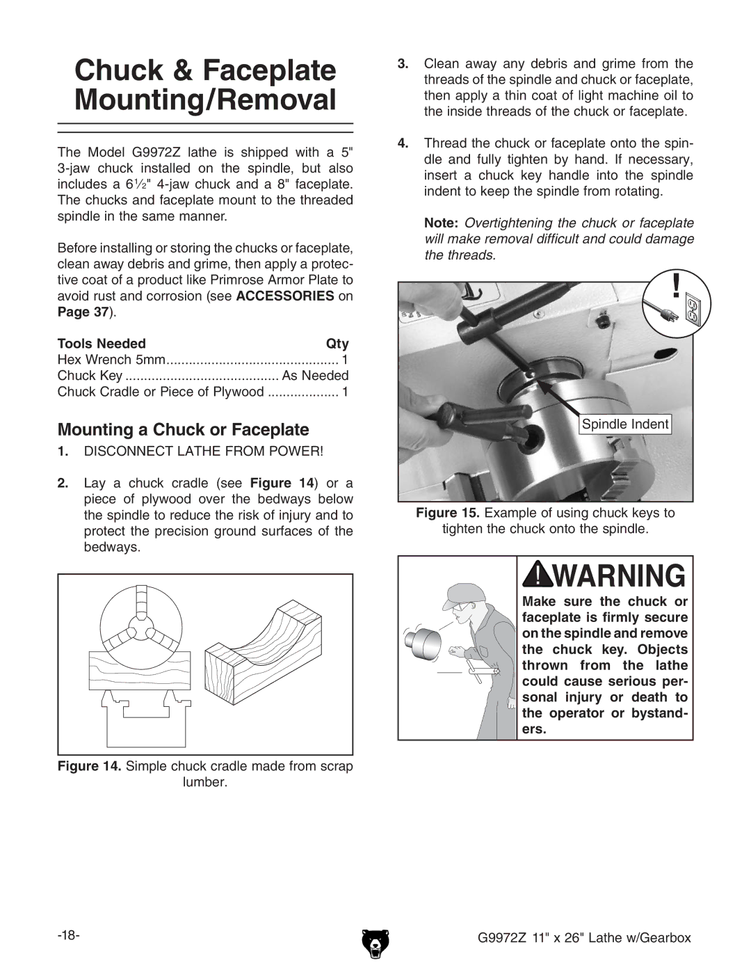 Grizzly G9972Z owner manual Chuck & Faceplate Mounting/Removal, Mounting a Chuck or Faceplate, Tools NeededQty 