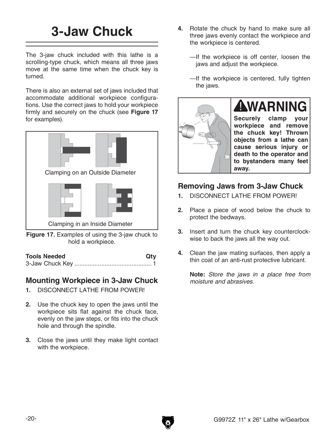 Grizzly G9972Z owner manual Mounting Workpiece in 3-Jaw Chuck, Removing Jaws from 3-Jaw Chuck 