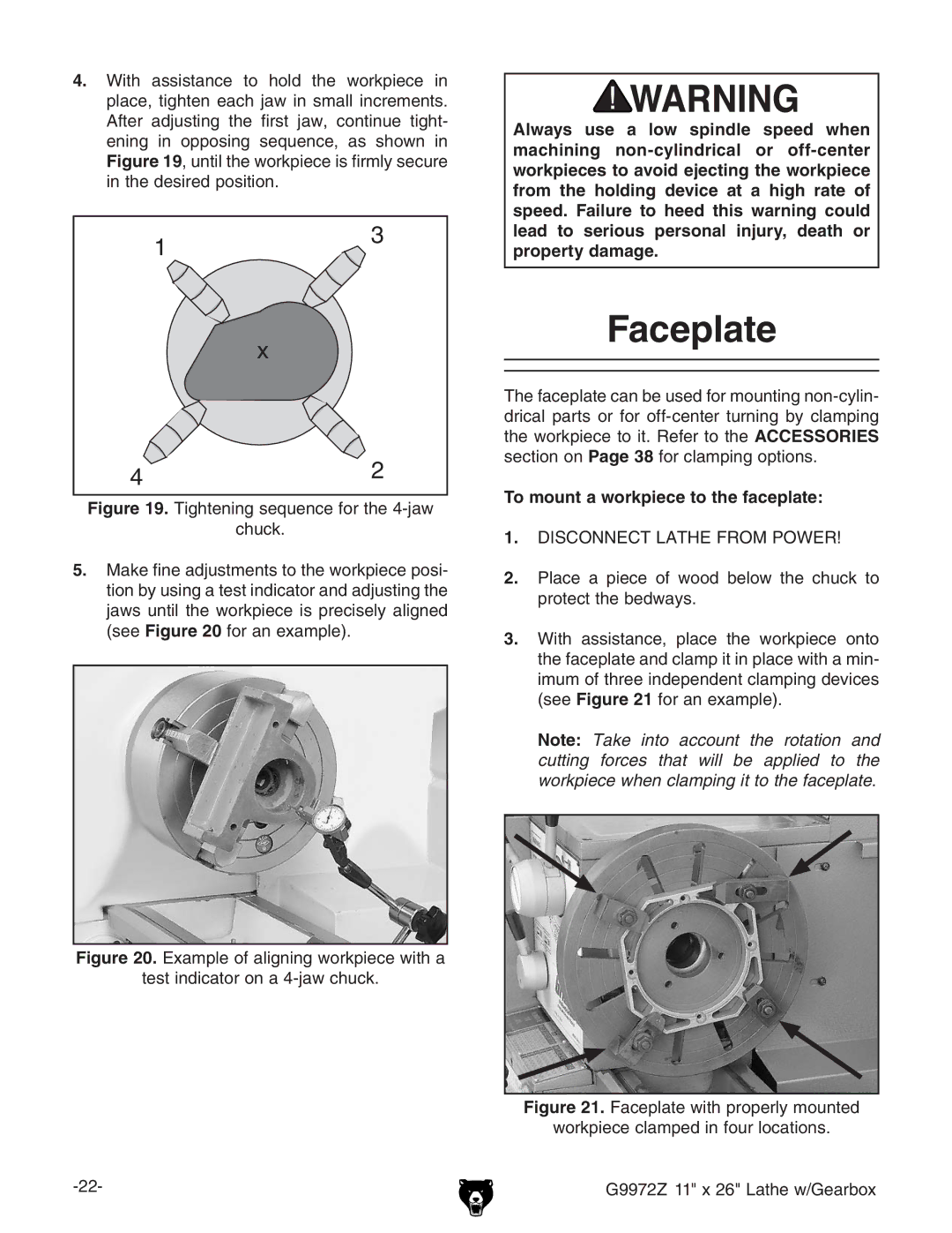 Grizzly G9972Z owner manual Faceplate, To mount a workpiece to the faceplate 