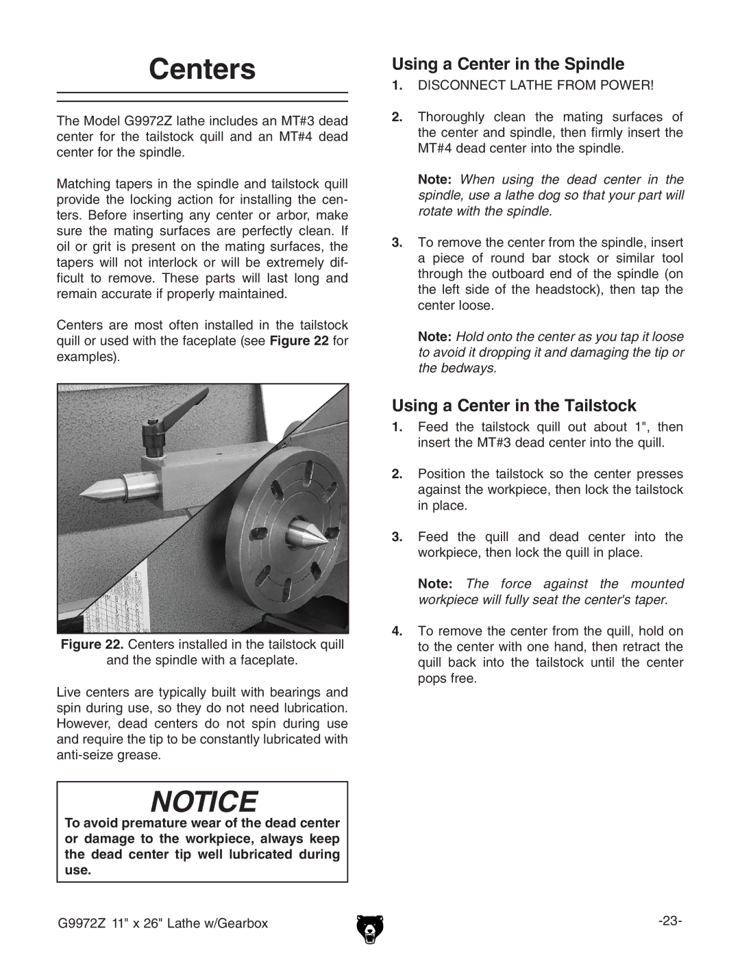 Grizzly G9972Z owner manual Centers, Using a Center in the Spindle, Using a Center in the Tailstock 