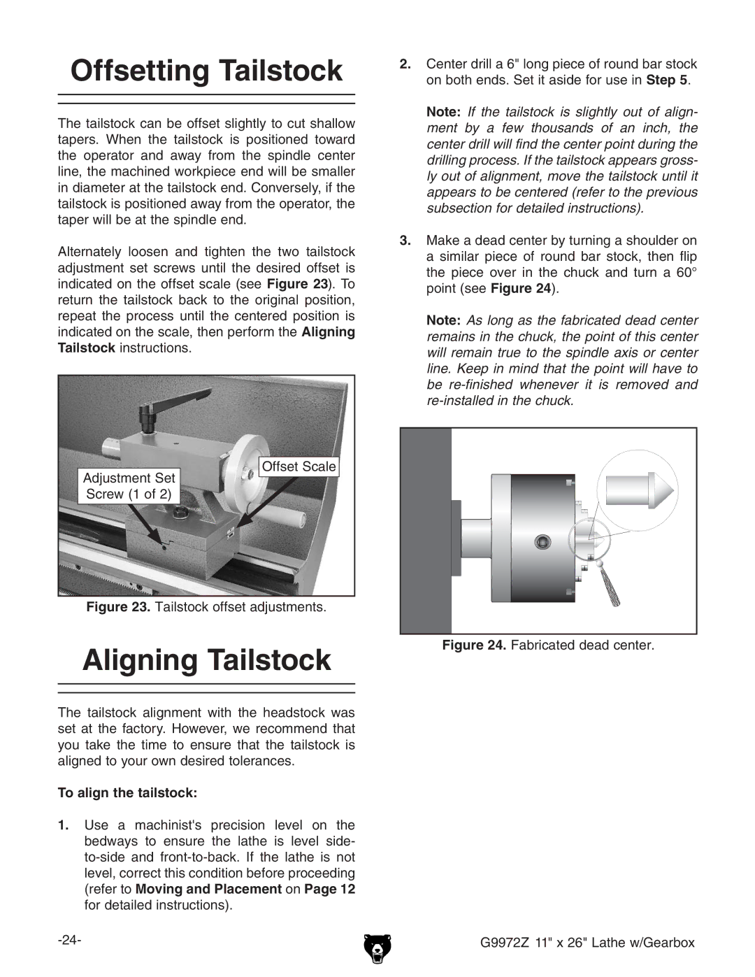 Grizzly G9972Z owner manual Offsetting Tailstock, Aligning Tailstock, DhZiHXVaZ, To align the tailstock 