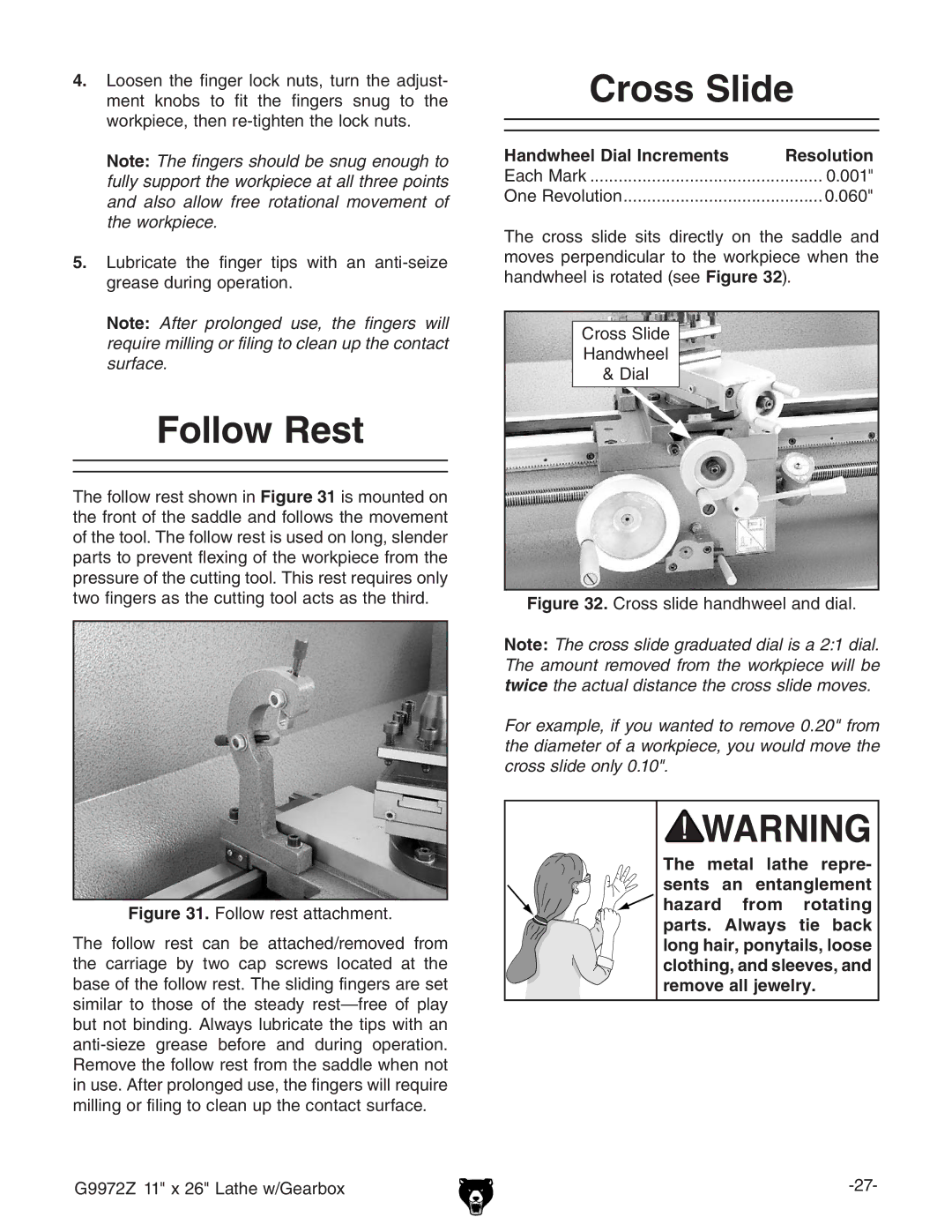 Grizzly G9972Z owner manual Follow Rest, Cross Slide, Handwheel Dial Increments Resolution 