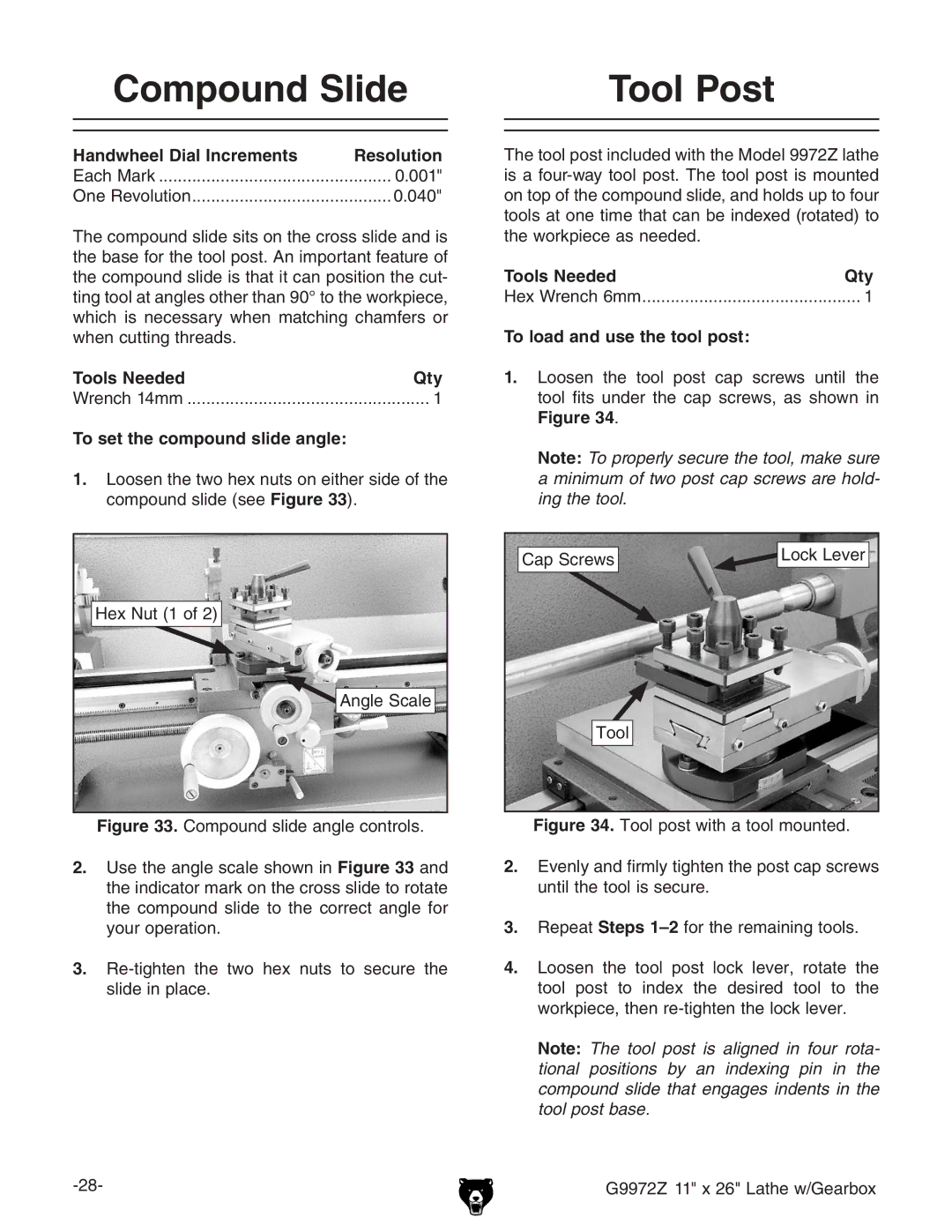 Grizzly G9972Z owner manual Compound Slide Tool Post, To set the compound slide angle, To load and use the tool post 