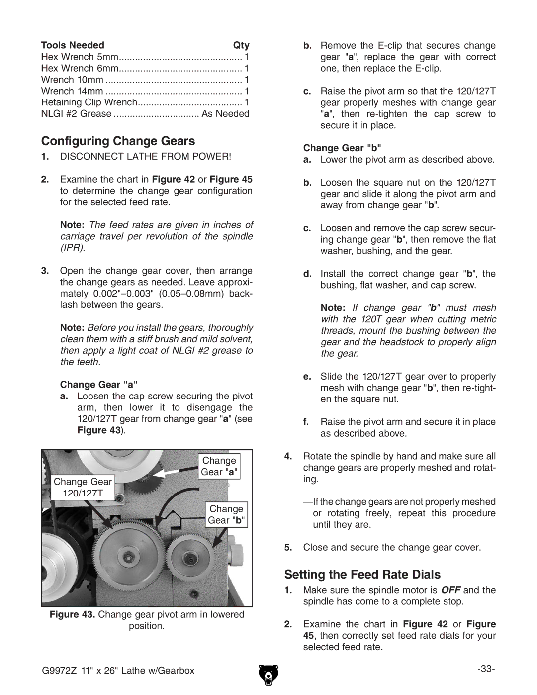 Grizzly G9972Z owner manual Configuring Change Gears, Setting the Feed Rate Dials, Change Gear a, Change Gear b 