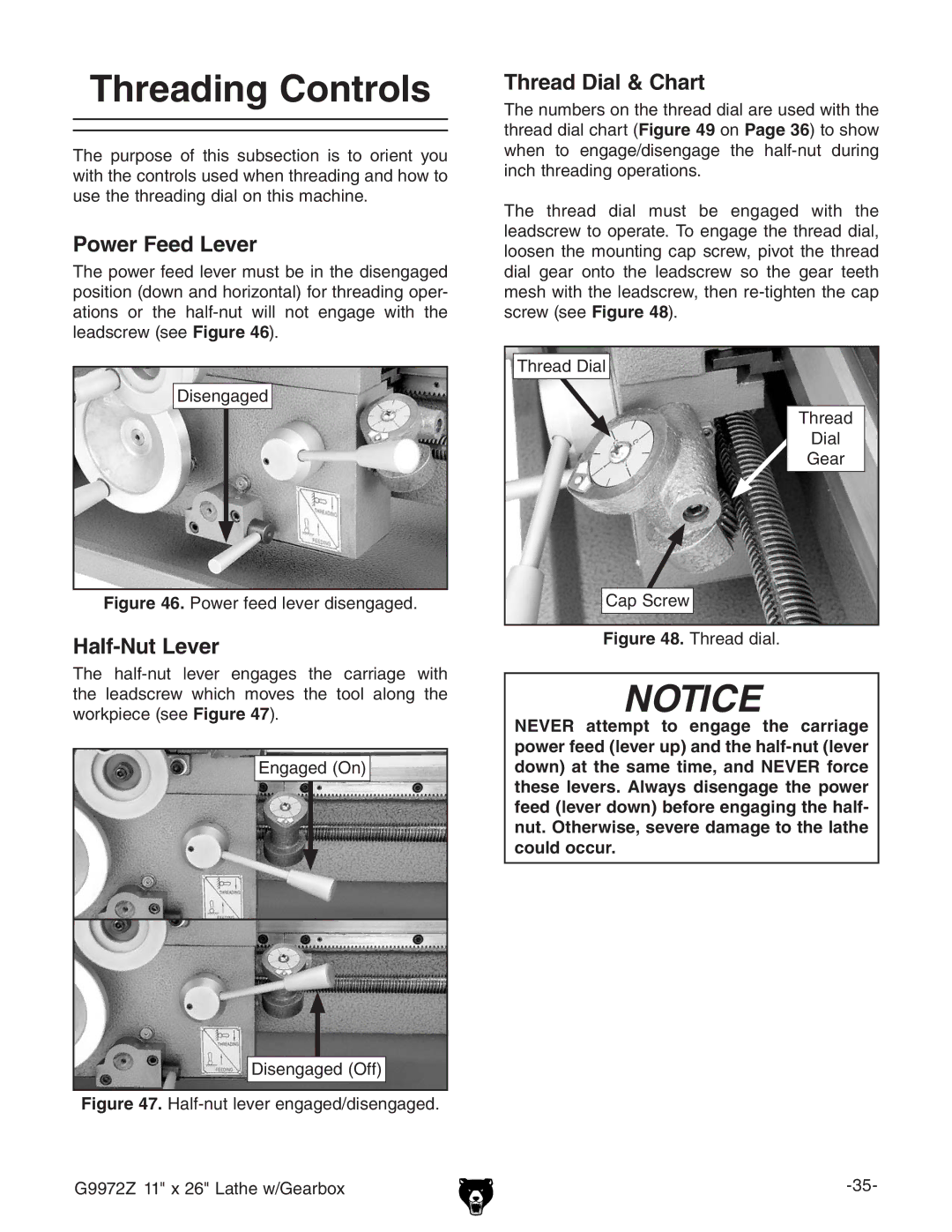 Grizzly G9972Z owner manual Threading Controls, Power Feed Lever, Half-Nut Lever, Thread Dial & Chart 