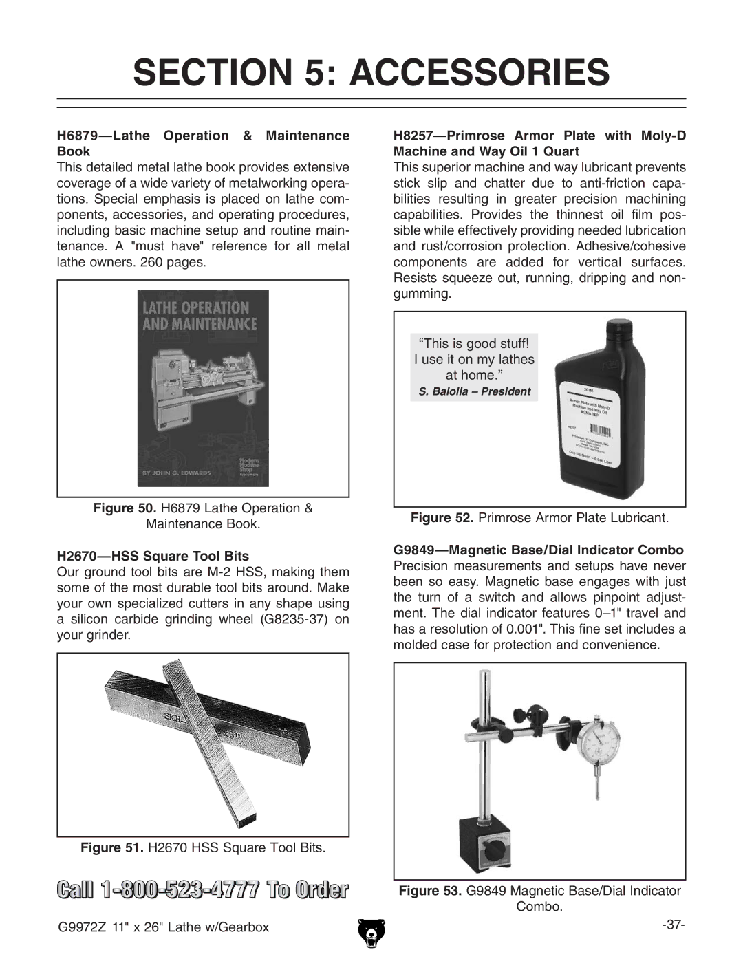 Grizzly G9972Z owner manual Accessories, H2670-HSS Square Tool Bits 