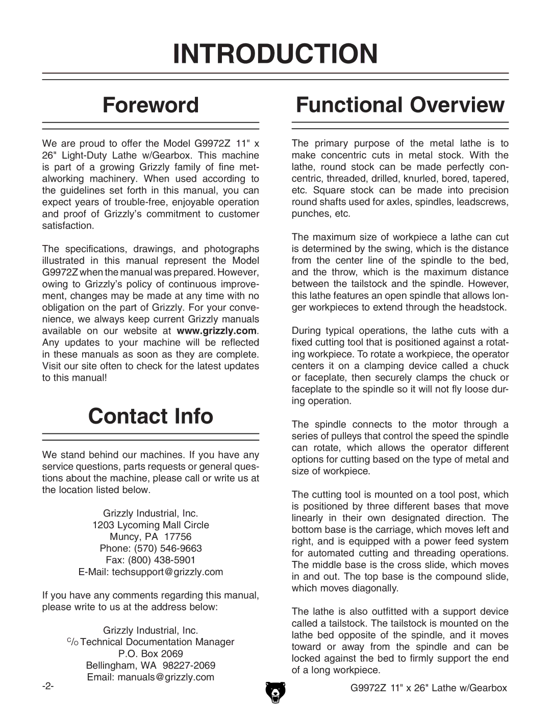 Grizzly G9972Z owner manual Introduction, Foreword Functional Overview, Contact Info, &&m+AViZl$ZVgWdm 