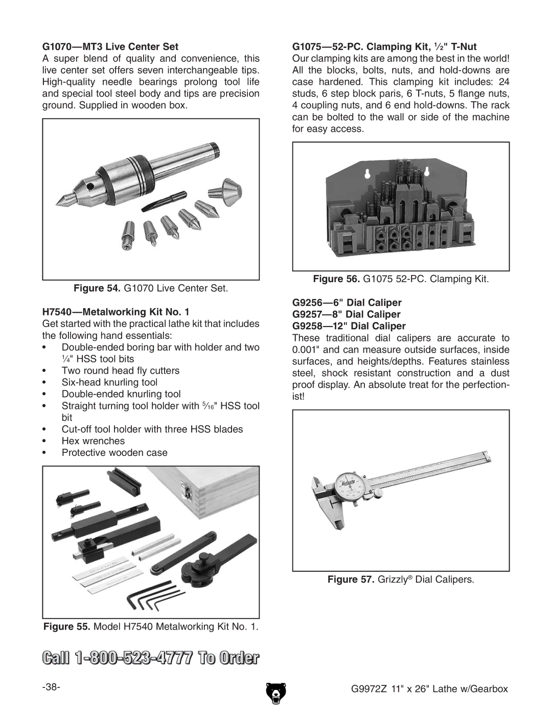 Grizzly G9972Z owner manual G1070-MT3 Live Center Set, H7540-Metalworking Kit No, G1075-52-PC. Clamping Kit, 1⁄2 T-Nut 