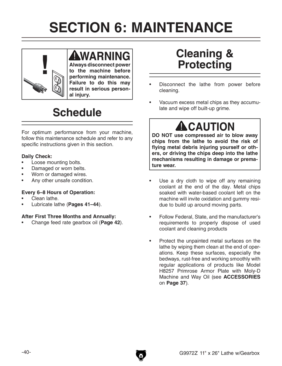 Grizzly G9972Z owner manual Maintenance, Schedule, Cleaning Protecting, Daily Check, After First Three Months and Annually 