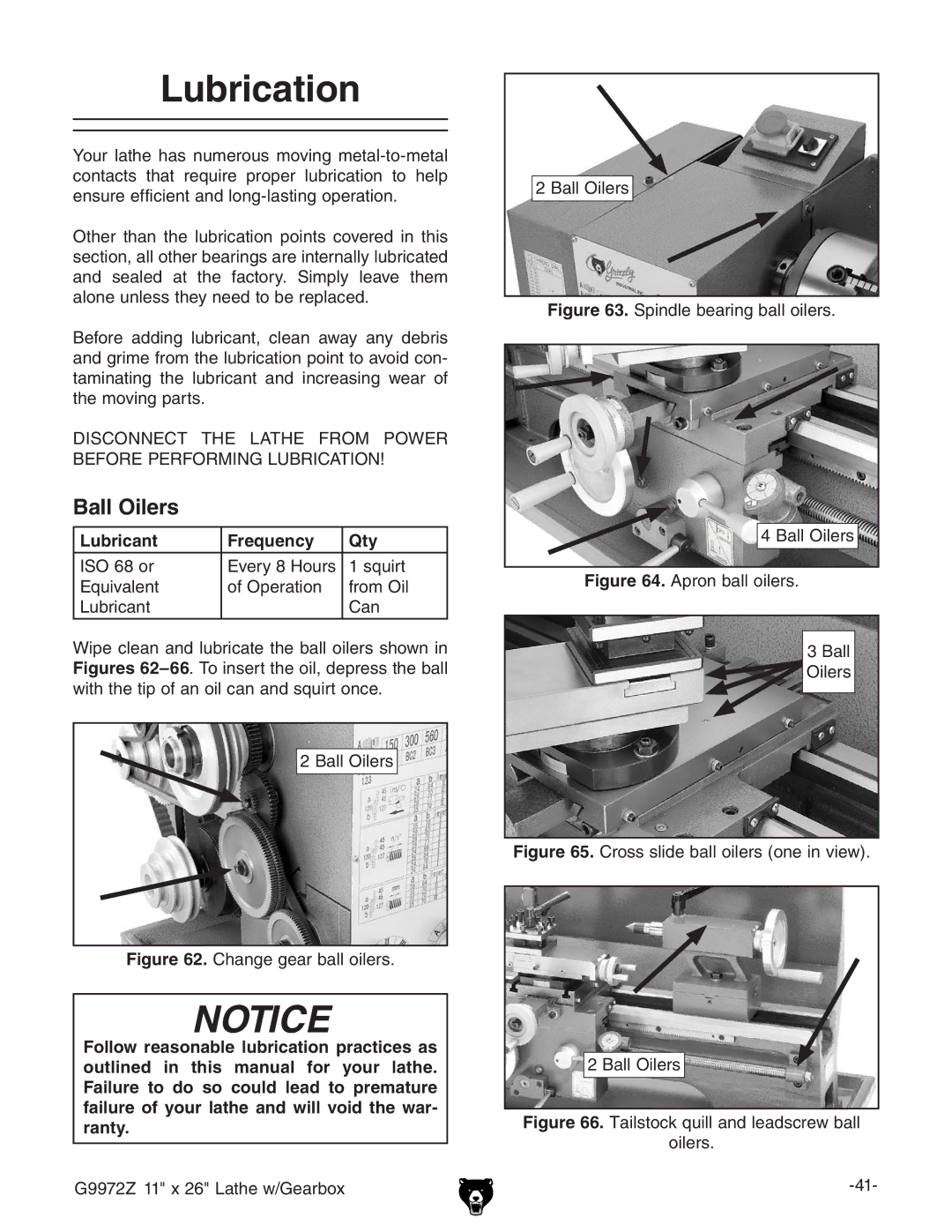 Grizzly G9972Z owner manual Lubrication, Ball Oilers, Lubricant Frequency Qty 