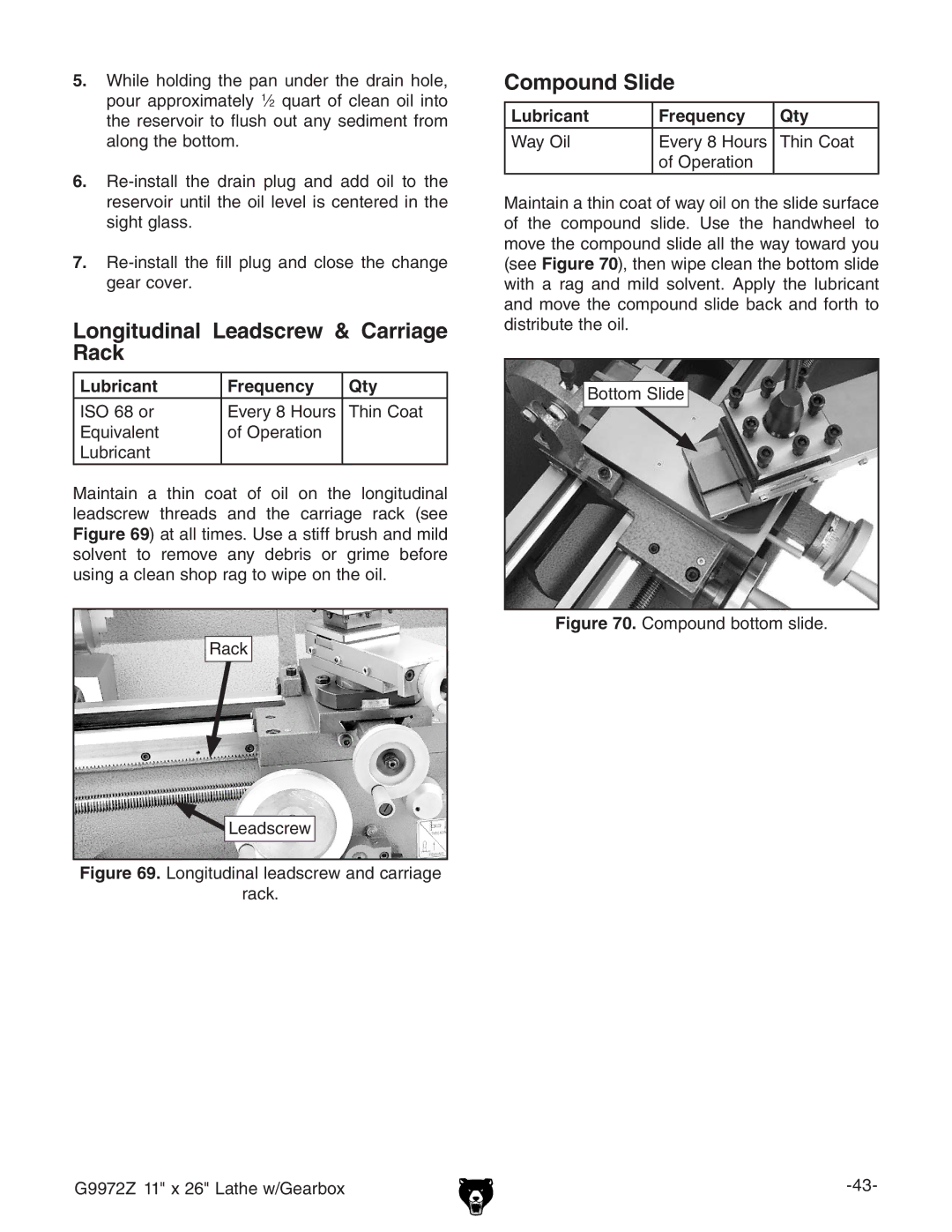 Grizzly G9972Z owner manual Longitudinal Leadscrew & Carriage Rack, Compound Slide 