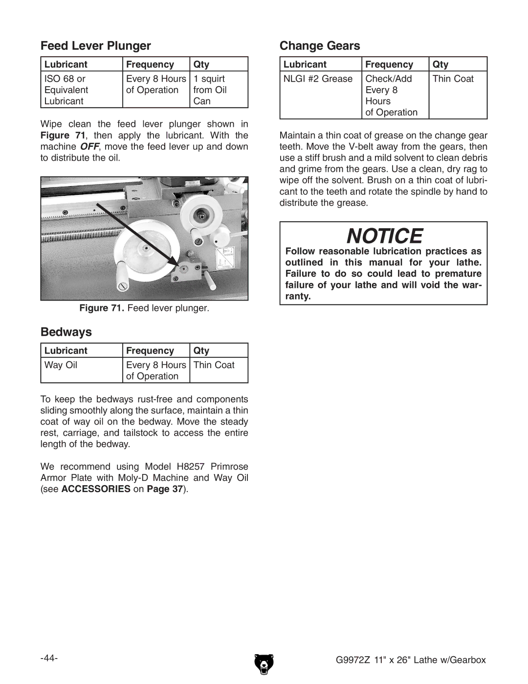 Grizzly G9972Z owner manual Feed Lever Plunger, Bedways, Change Gears, 8ZX`$6YY Ic8dVi KZgn- =djgh DeZgVidc 