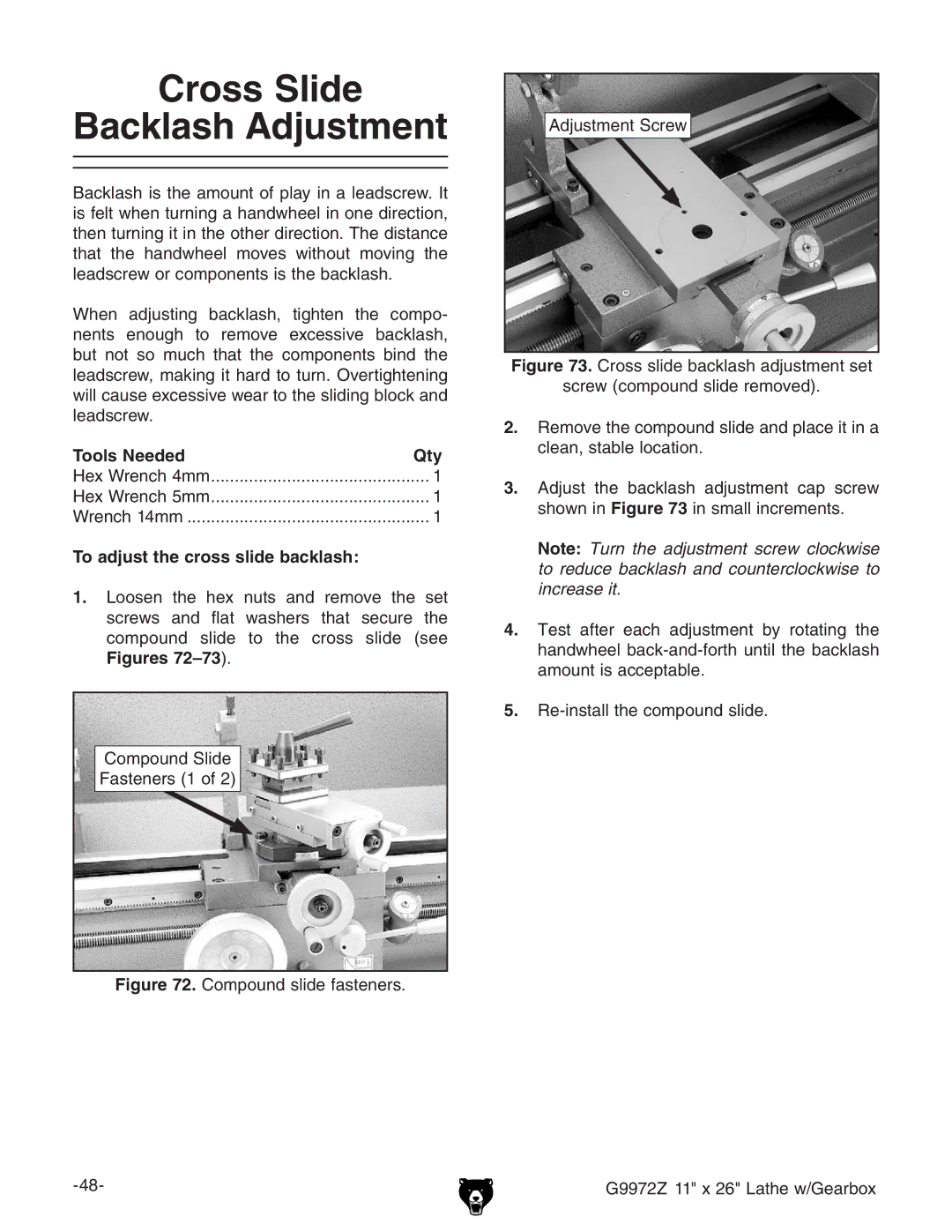 Grizzly G9972Z owner manual Cross Slide Backlash Adjustment, To adjust the cross slide backlash 