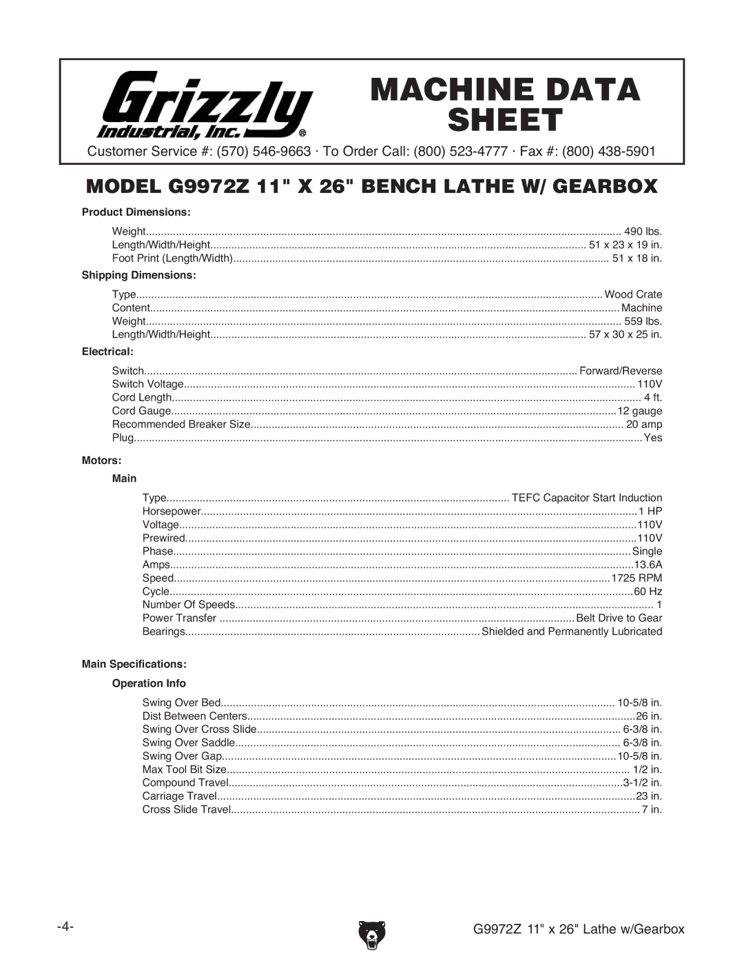 Grizzly G9972Z owner manual Machine Data Sheet 