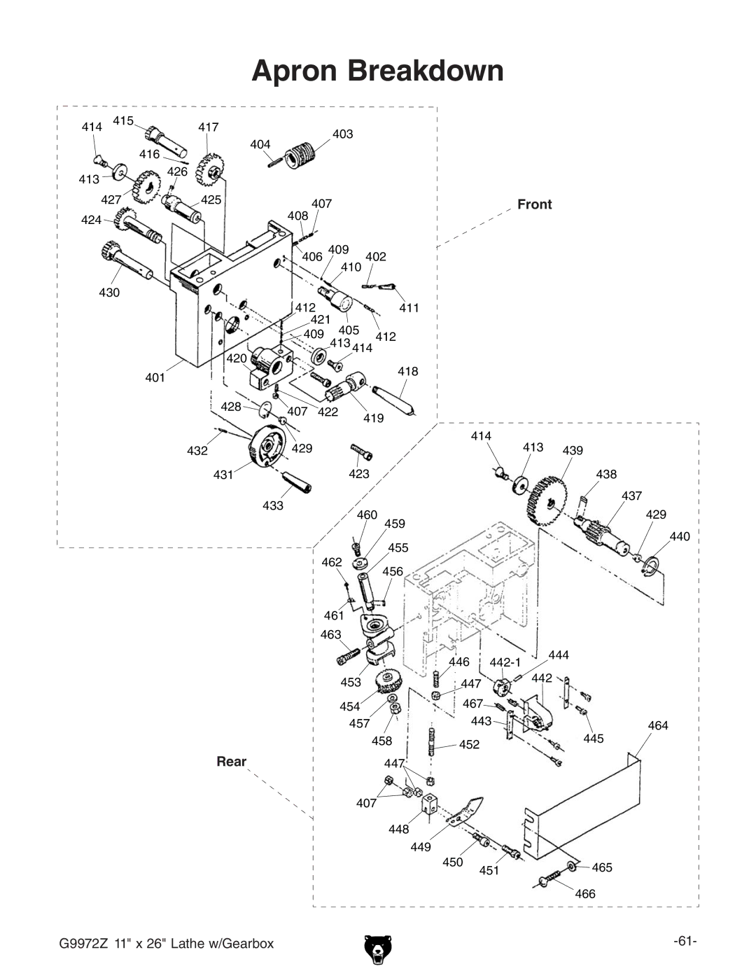 Grizzly G9972Z owner manual Apron Breakdown, Front, Rear 