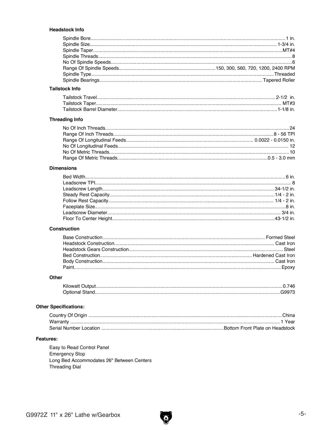 Grizzly G9972Z owner manual Tailstock Info 