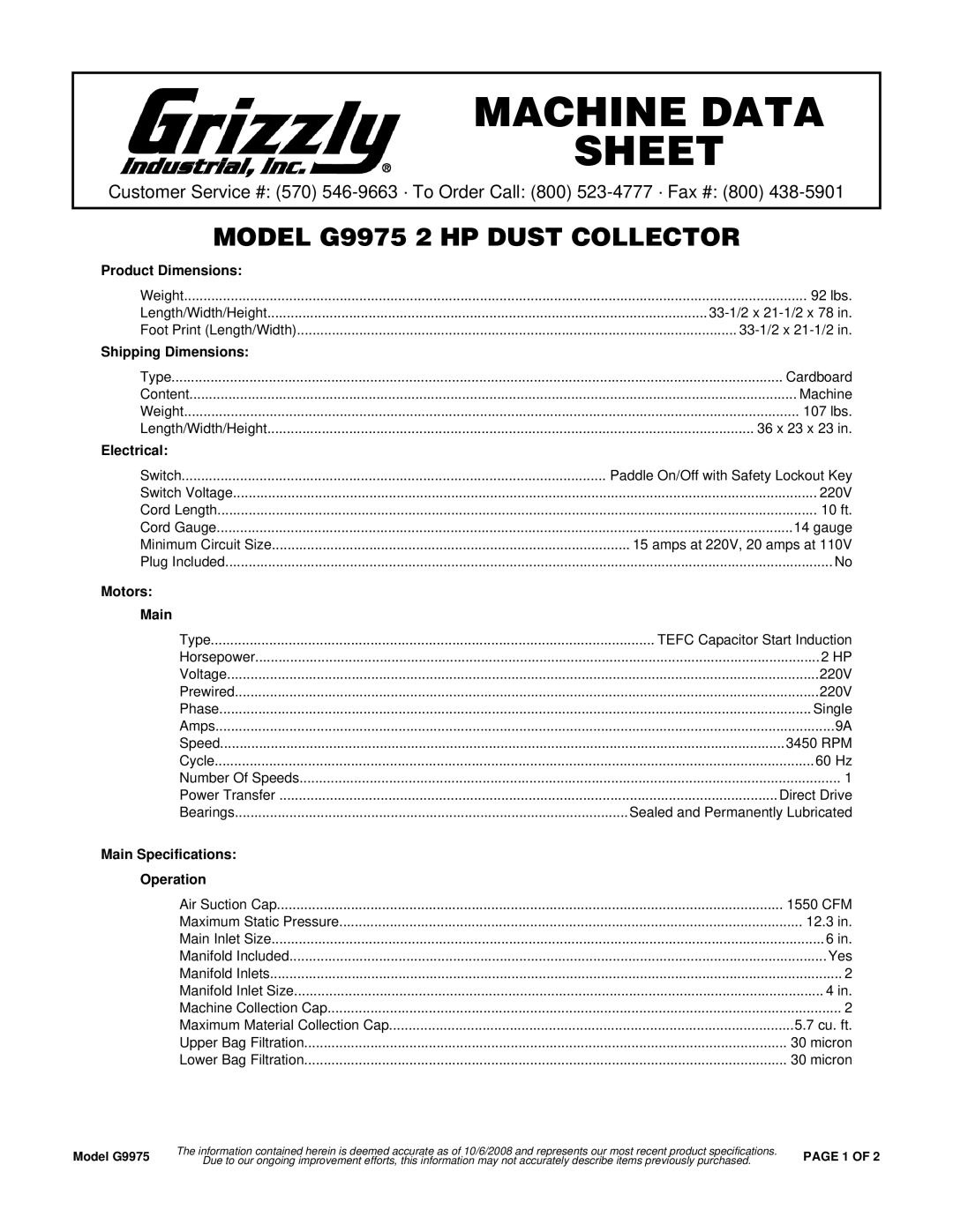 Grizzly G9975 specifications Product Dimensions, Shipping Dimensions, Electrical, Motors Main 