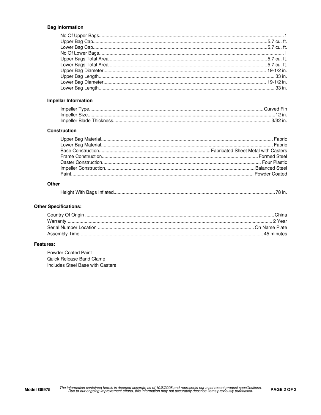 Grizzly G9975 specifications Bag Information, Impellar Information, Construction, Other Specifications, Features 