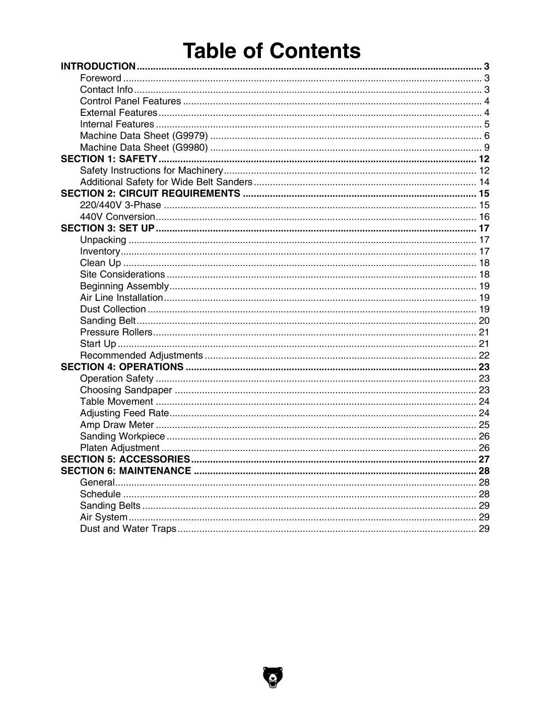 Grizzly G9980, G9979 manual 4ABLE of #ONTENTS 