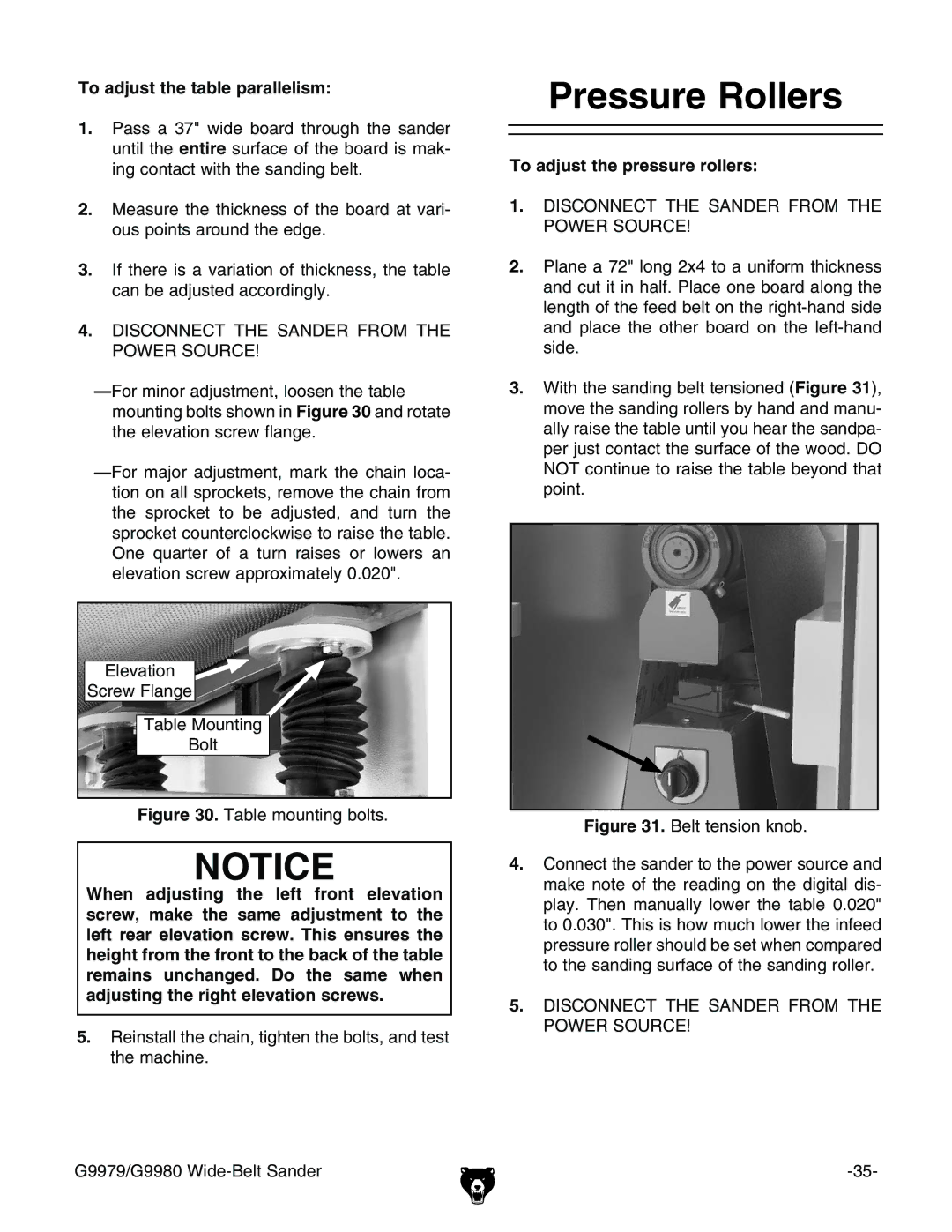 Grizzly G9980, G9979 manual 4O Adjust THEHTABLEBPARALLELISM, 4O Adjust Thehpressure ROLLERS 