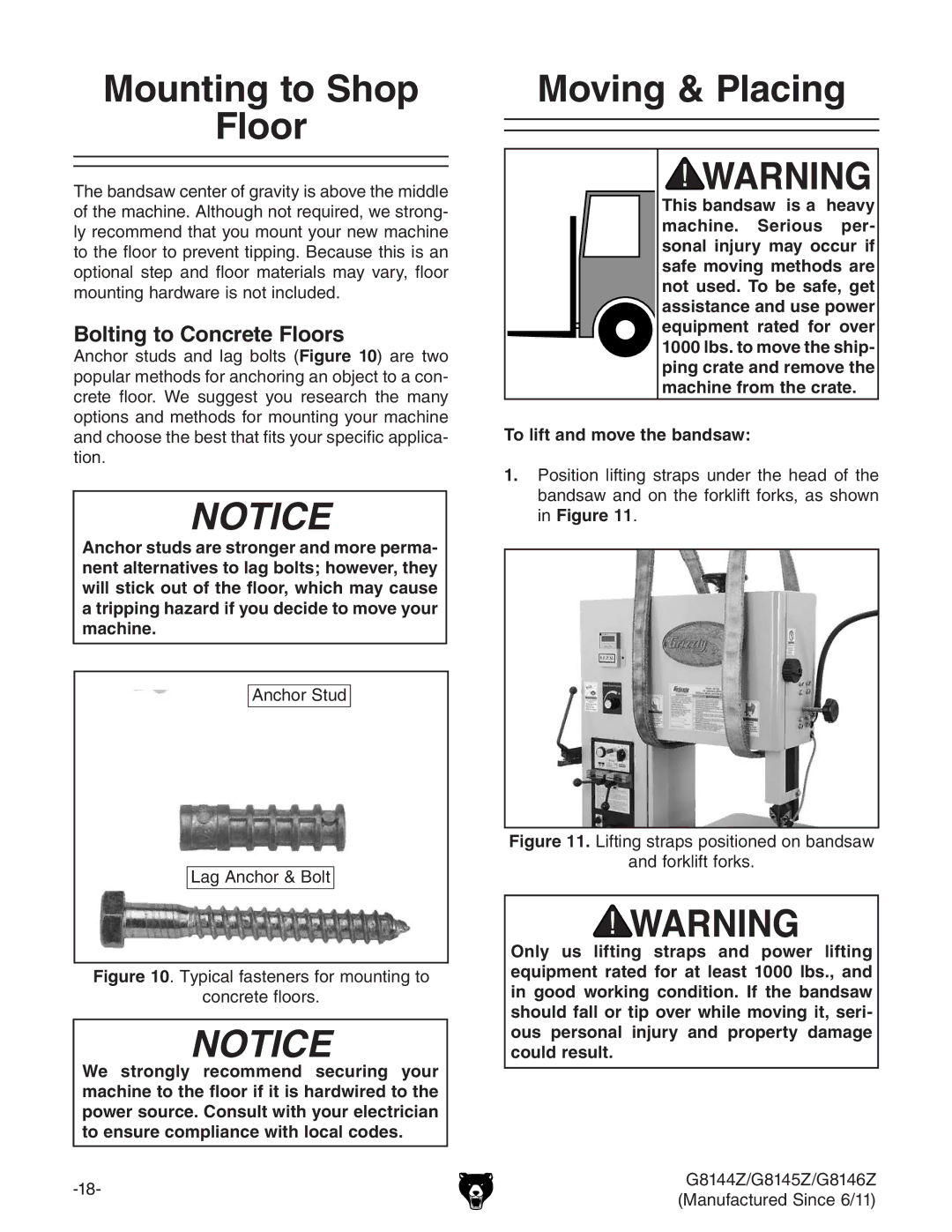 Grizzly G9979 owner manual Mounting to Shop Floor, Moving & Placing, Bolting to Concrete Floors 