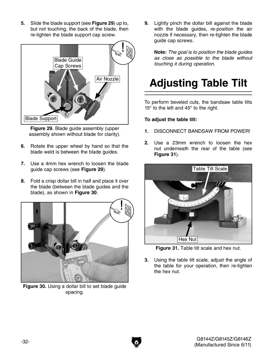 Grizzly G9979 owner manual Adjusting Table Tilt, To adjust the table tilt 