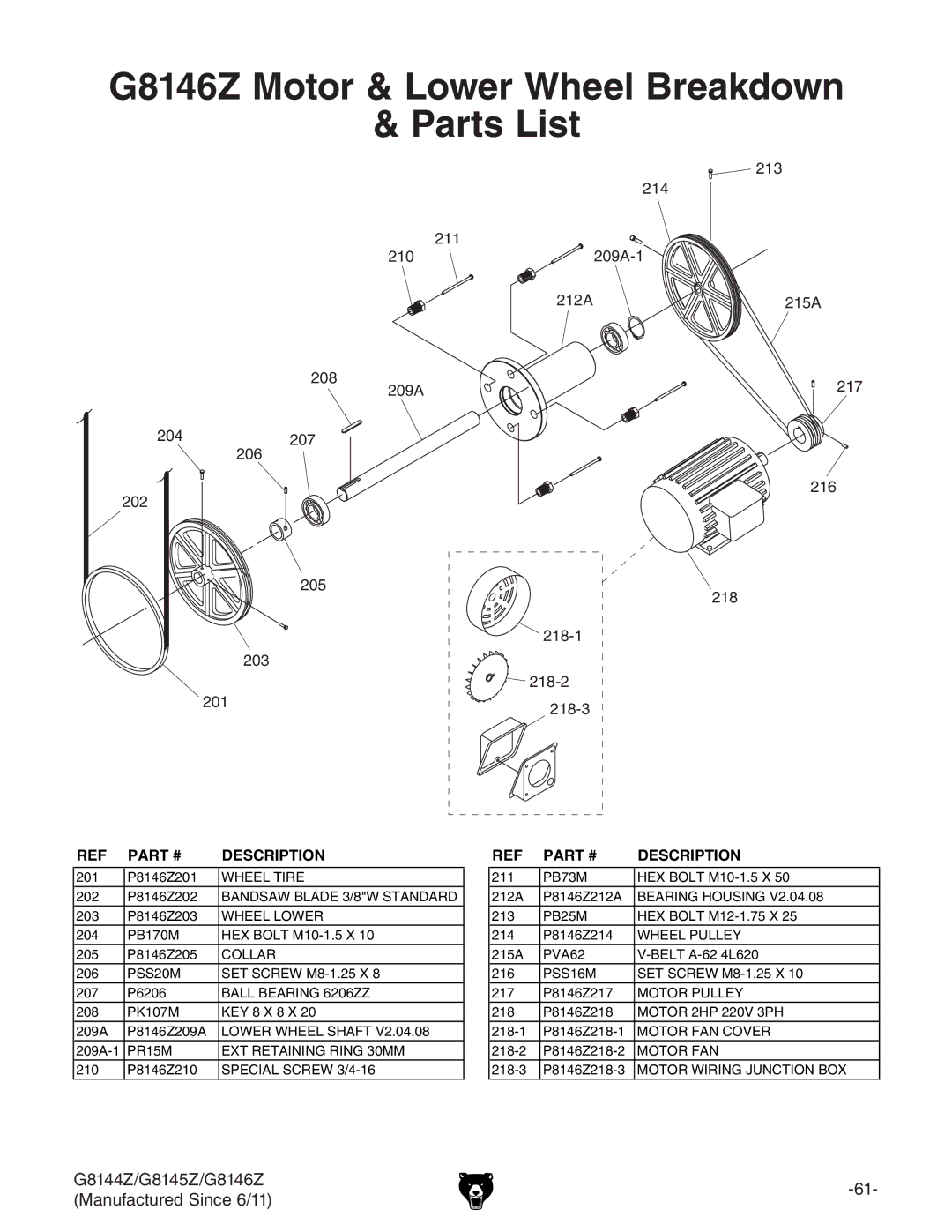 Grizzly G9979 owner manual G8146Z Motor & Lower Wheel Breakdown Parts List 