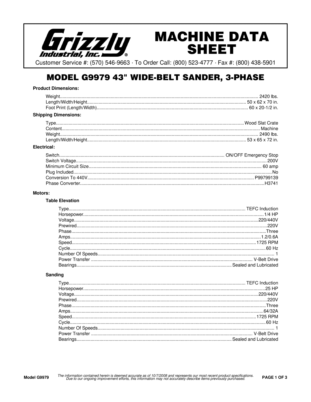 Grizzly G9979 specifications Product Dimensions, Shipping Dimensions, Electrical, Motors Table Elevation, Sanding 