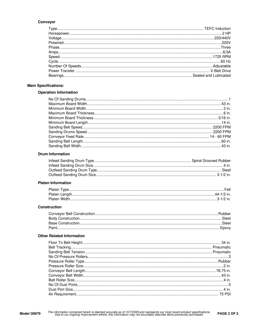 Grizzly G9979 Conveyor, Main Specifications Operation Information, Drum Information, Platen Information, Construction 